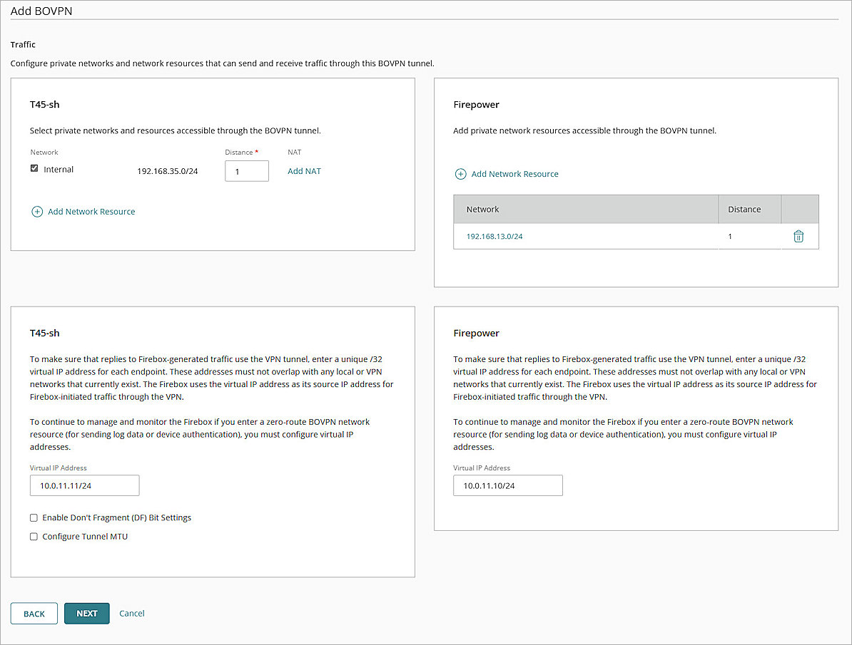 Screenshot of the Traffic settings on the Add BOVPN page
